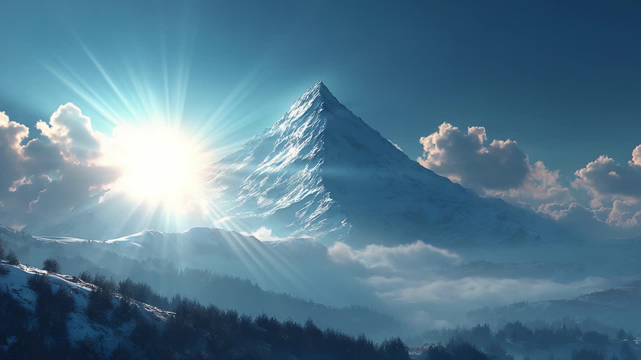 Un Sommet Montagneux Majestueux Sous un Lever de Soleil Éclatant, Illuminant le Paysage Serein d'une Lumière Radiante et de Formations Nuageuses Captivantes Au-dessus du Flanc de Colline Boisé