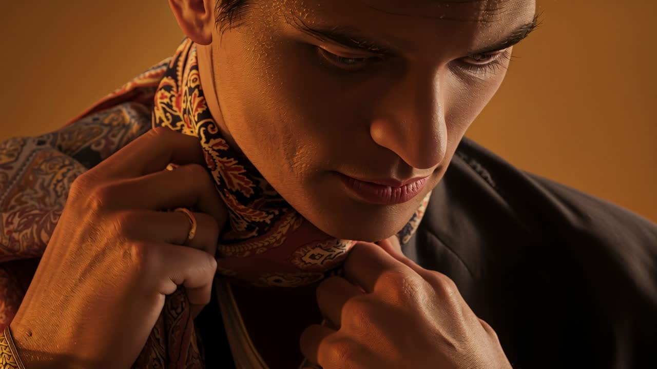 Uomo in cappotto e camicia che si sistema, legando una sciarpa paisley dopo averla posizionata sulla spalla in studio per assicurare la vestibilità.