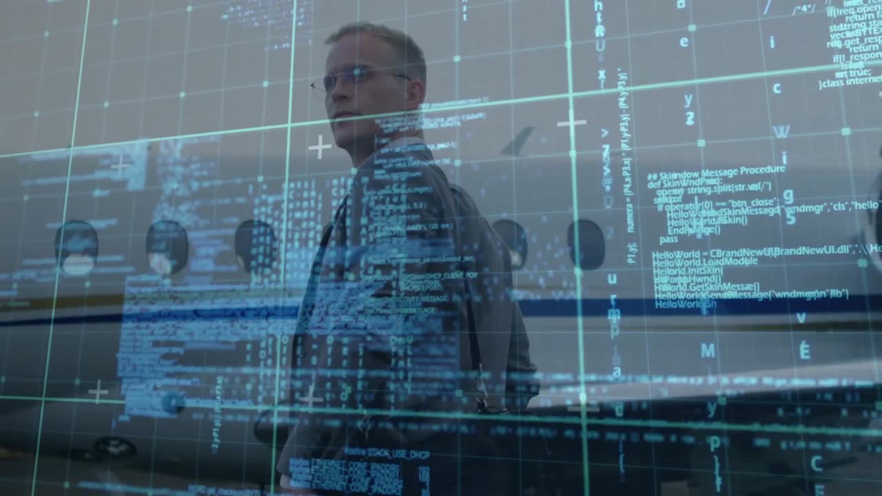 Digitalt rutenett-overlegg som viser forretningsmann som går forbi privatfly på vei mot destinasjonen
