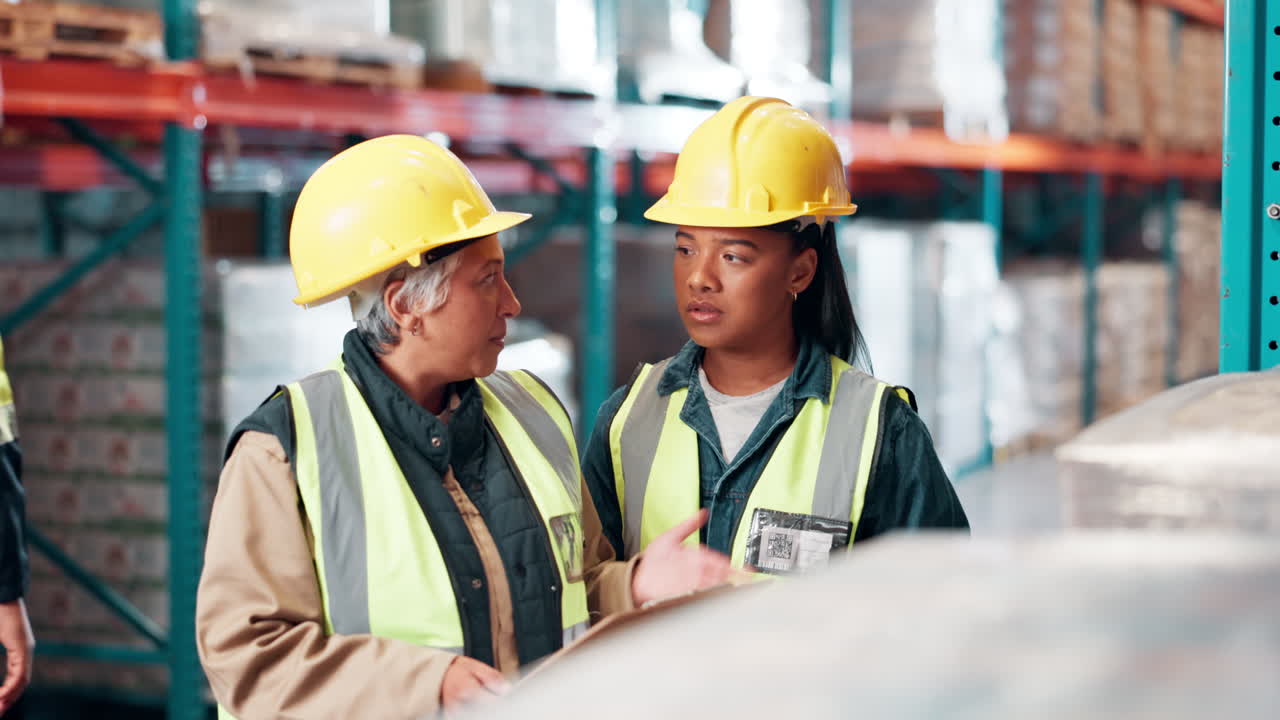 Warehouse workers discussing inventory and safety procedures