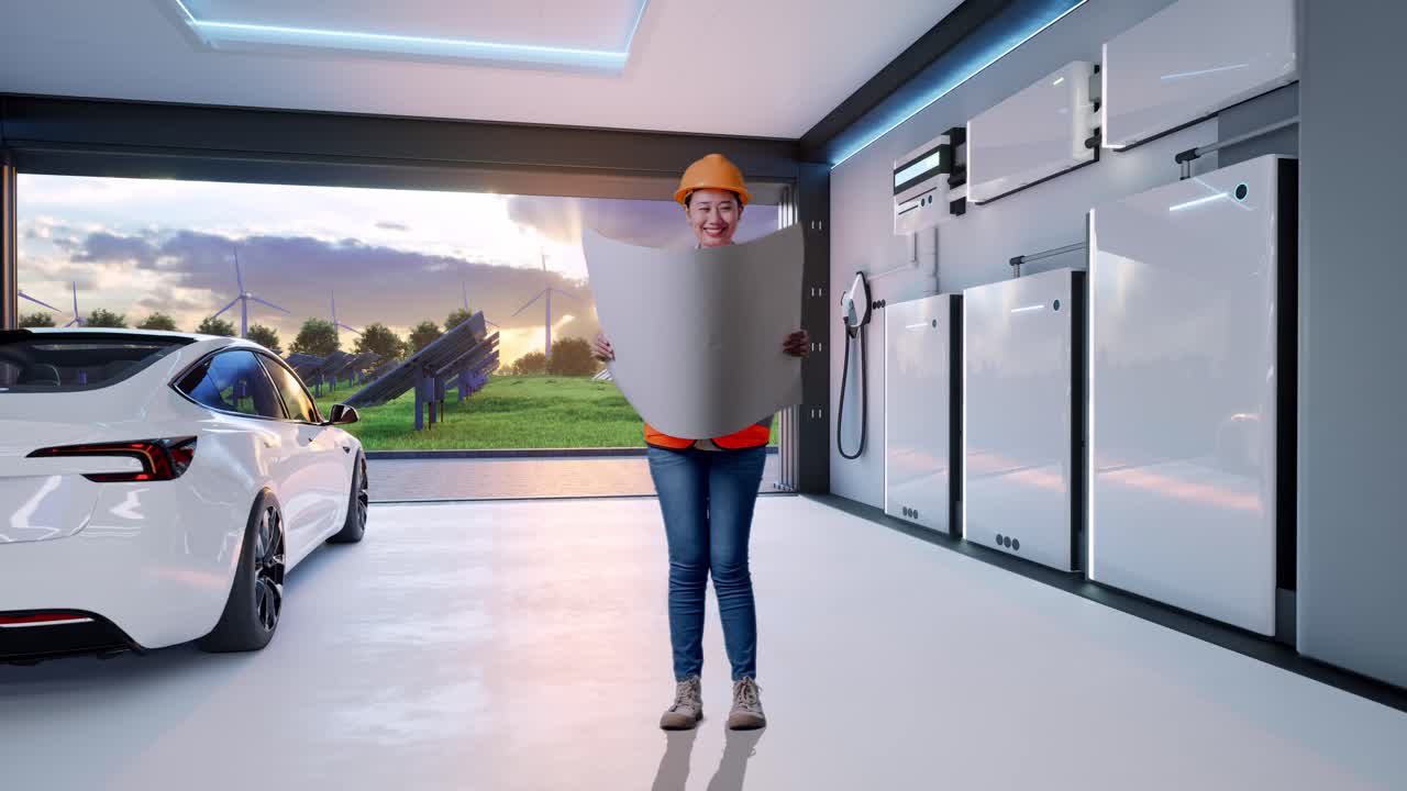 Full Body Of Asian Female Engineer With Safety Helmet Looking At Blueprint In Her Hands With Home Energy Storage System In a Modern Garage