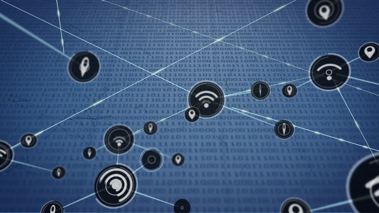 animación de la red de conexiones con iconos sobre el procesamiento de datos sobre fondo azul