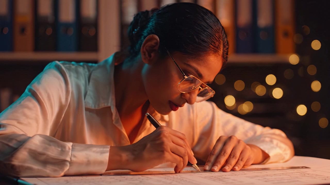 Focused Young Woman Working Late at Night on Architecture Plans with Soft Lighting Creating an Inviting Atmosphere in a Cozy Workspace with Blurred Background