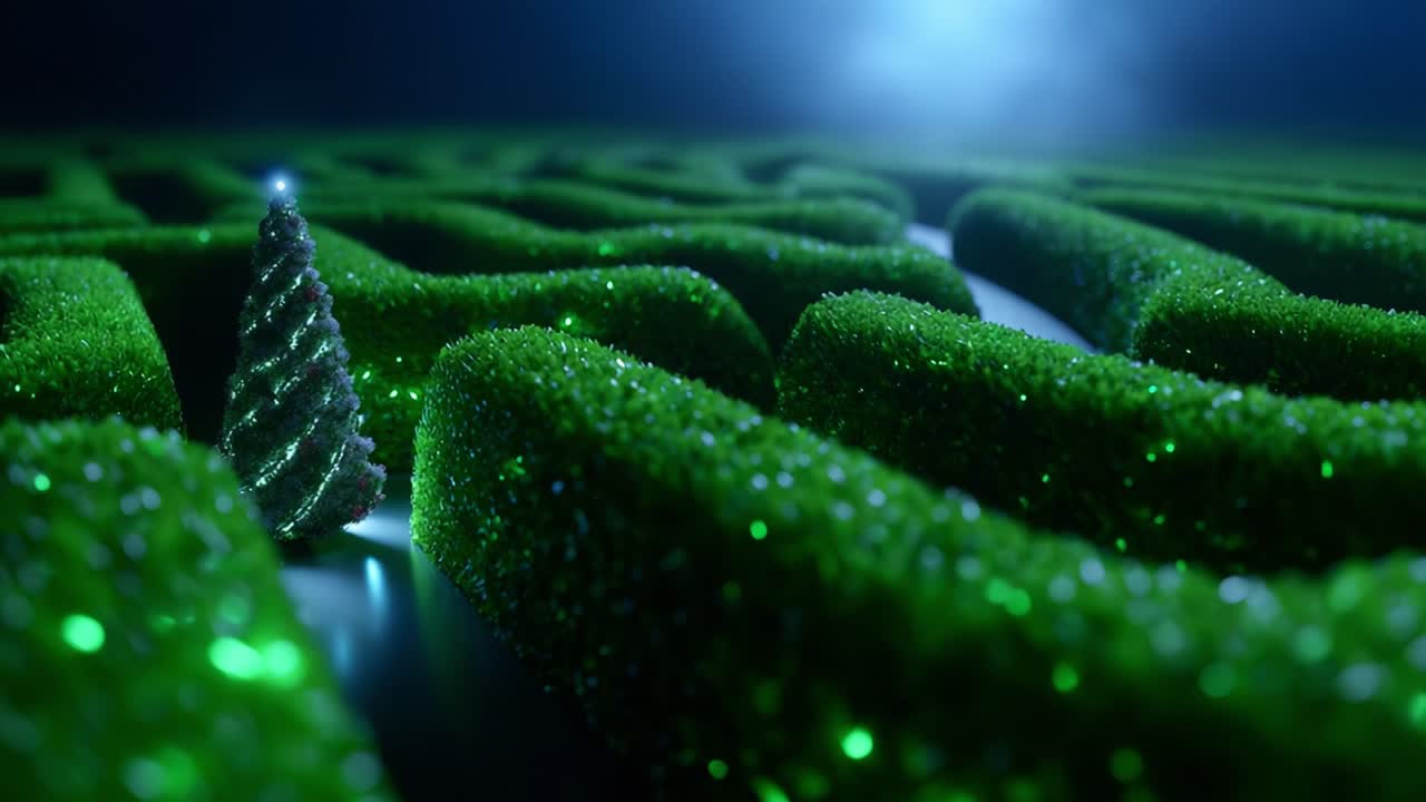 A Sparkling Green Maze Surrounds a Small Glittering Christmas Tree, Creating a Whimsical Scene of Enchantment and Wonder Amidst the Lush Foliage, Illuminated by Soft Ethereal Light and Glimmering Decorations