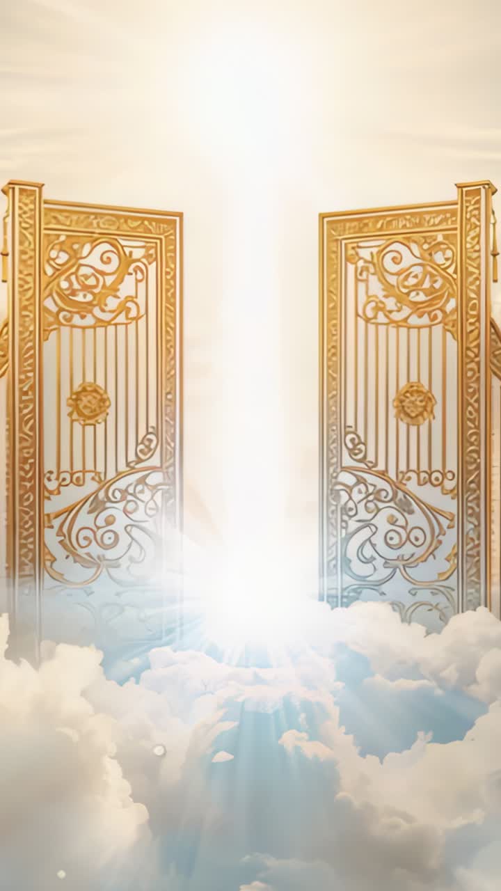 Vertical video: Emerging glow intensifying through ornate gates above clouds, bathing sky in light