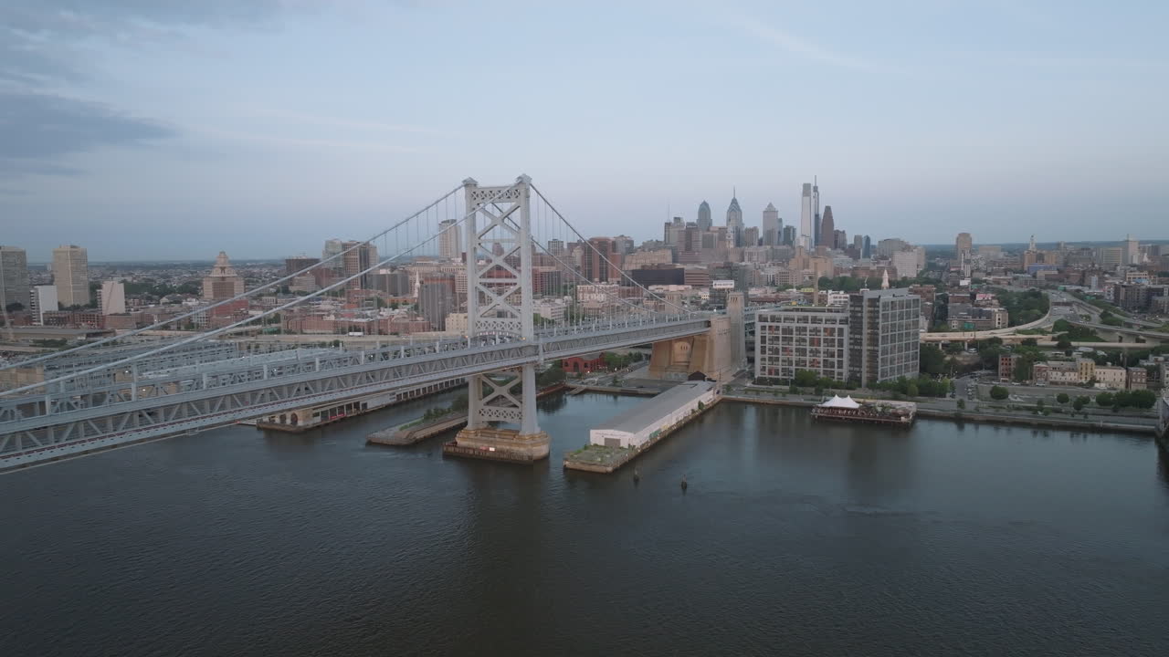 Aerial view of Philadelphia and the Ben Franklin Bridge. Shot at sunrise on a summer morning