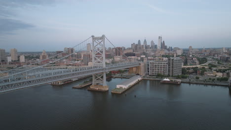 aerial view of philadelphia and the ben franklin bridge. shot at sunrise on a summer morning