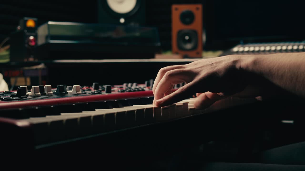 un primer plano de las manos del tecladista tocando música rock con el teclado en el concierto en el estudio, sala de ensayos, reproducción macro en sintetizador.