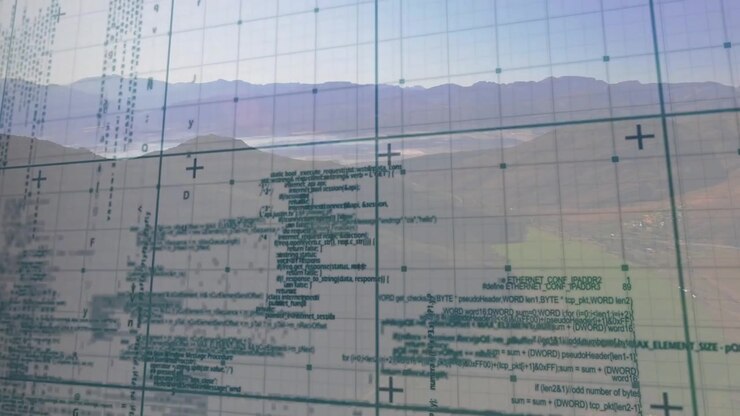 Handheld pan shifting frosted grid while teal code blocks sliding right revealing center