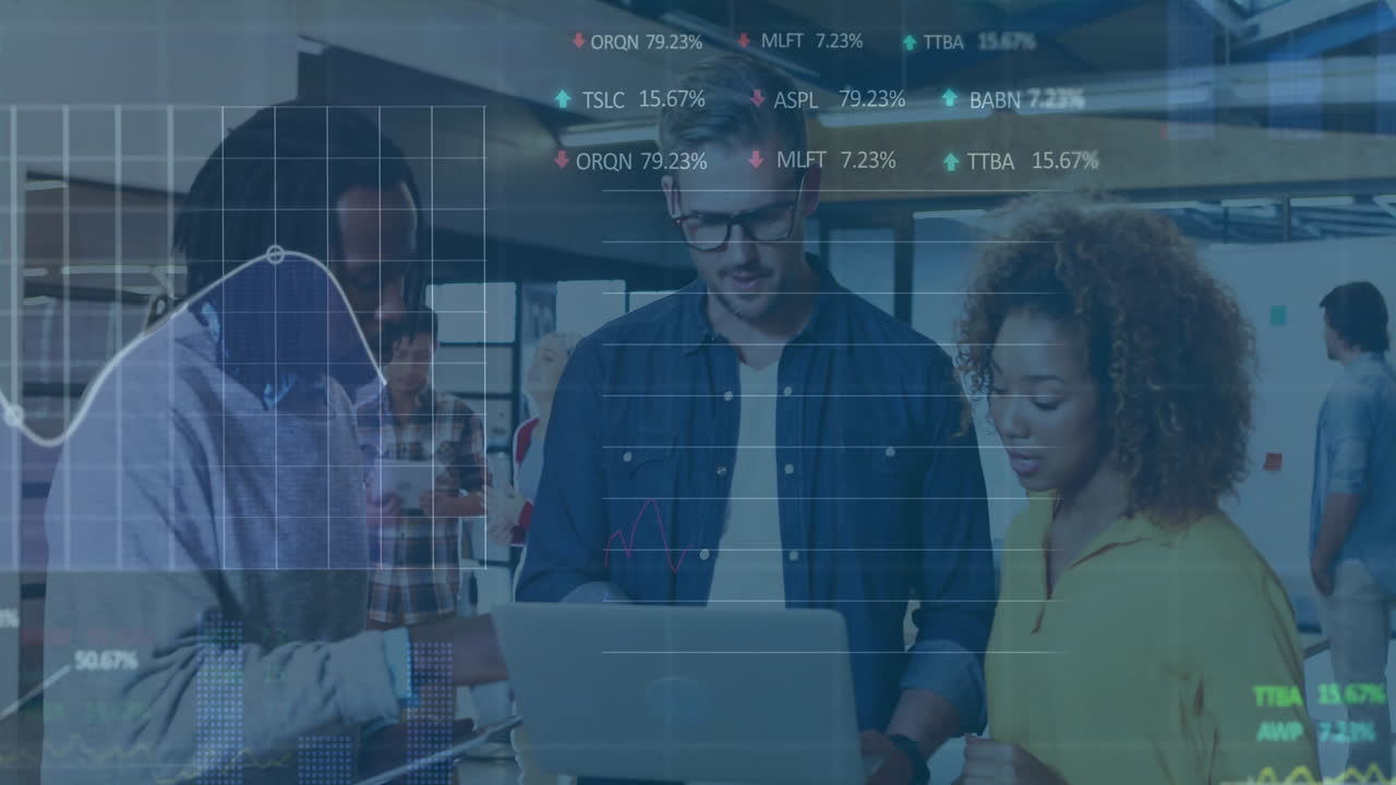 Animation of financial data processing over diverse business people in office