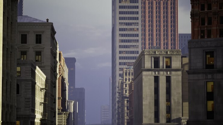 Lo skyline cittadino mette in mostra imponenti edifici sotto una tenue luce crepuscolare