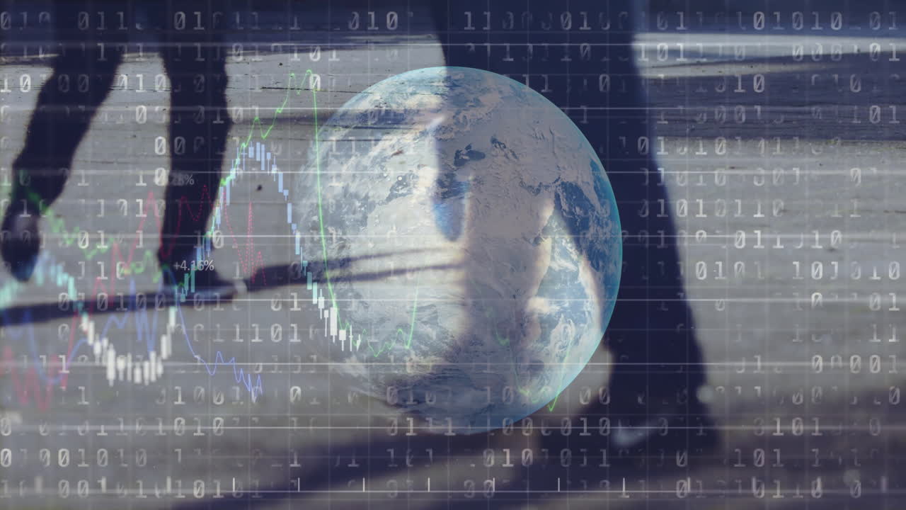 Earth with binary code and financial data animation