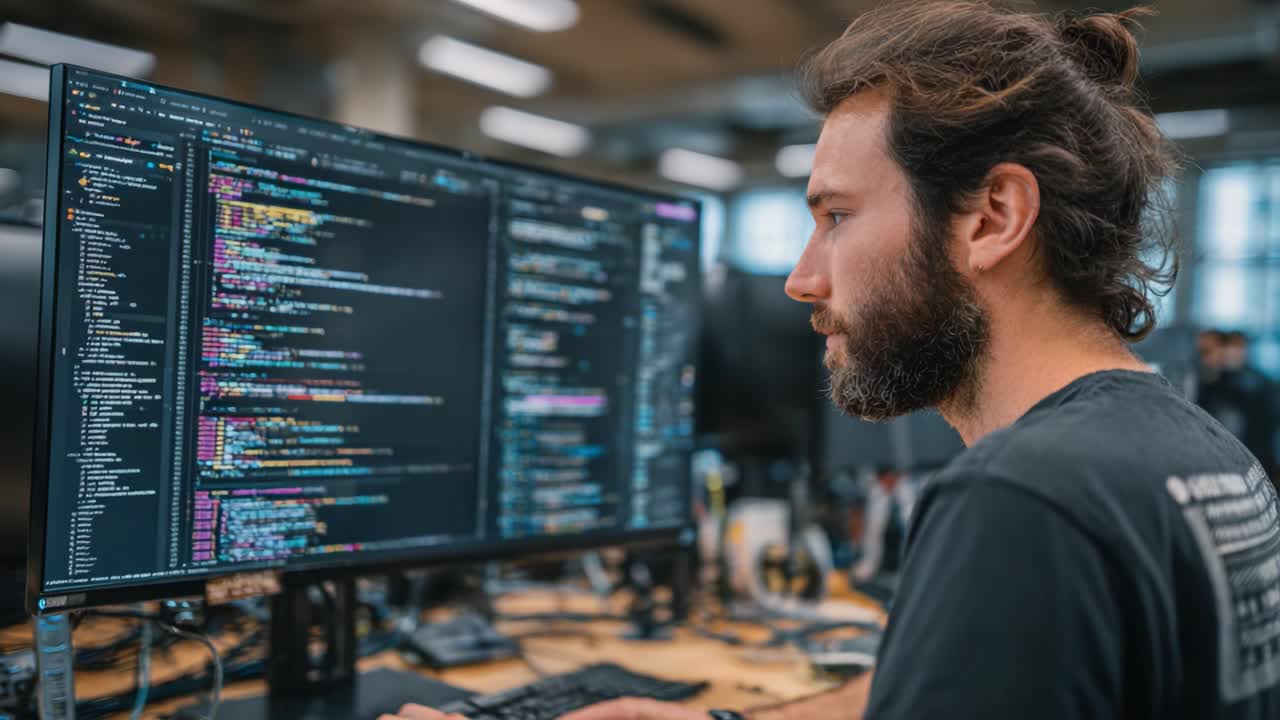 Focused Programmer Analyzing Complex Code on Dual Monitors in a Dynamic Office Environment - A Glimpse into the World of Software Development and Coding