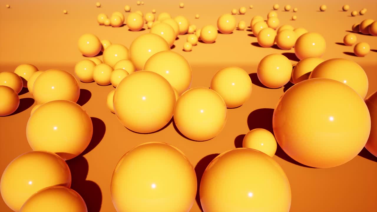추상적인 3d 오렌지 플라스틱 공 영상. 정적 반이는 구를 통해 으로 움직여 장식 애니메이션 배경을 렌더링합니다. 다양한 크기의 밝은 기하학적 모양 4k 비디오.