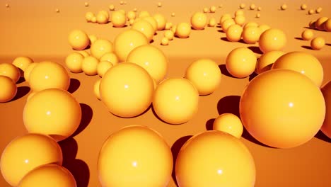 imágenes abstractas de bolas de plástico naranja 3d. moviéndose en dirección lateral a través de esferas brillantes estáticas que representan un fondo animado decorativo. formas geométricas brillantes en diferentes tamaños video 4k