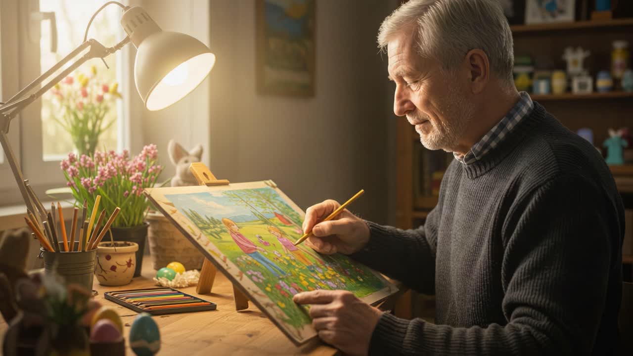 A Passionate Artist Captures Vibrant Nature: An Elderly Man Carefully Painting a Colorful Landscape featuring Joyful Figures Amidst Blooming Flowers and Natural Light