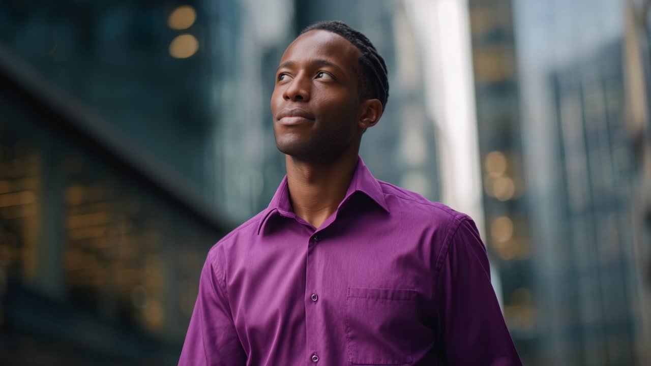 Confident man in a purple shirt standing in an urban setting, looking ahead with a thoughtful expression, captured in a moment of reflection and determination