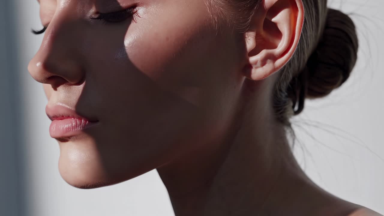Primo piano del profilo laterale di una donna serena con illuminazione soffusa, che cattura la bellezza naturale.
