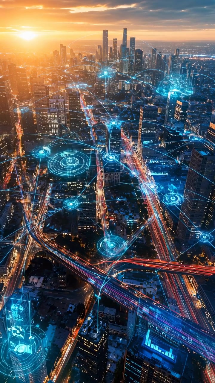 Una vista aerea mostra moderne strutture cittadine, linee di traffico luminose e aree illuminate di blu sotto un cielo al tramonto caldo, con una composizione verticale che cattura lo sviluppo urbano e un'atmosfera futuristica.