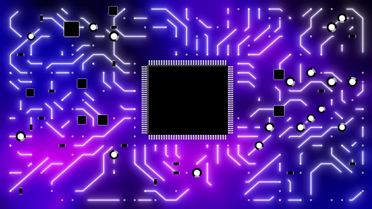 placa de circuito futurista azul con electrones de bucle