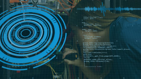 Animation-of-scope-scanning-and-data-processing-over-woman-checking-cables-in-a-computer-server-room