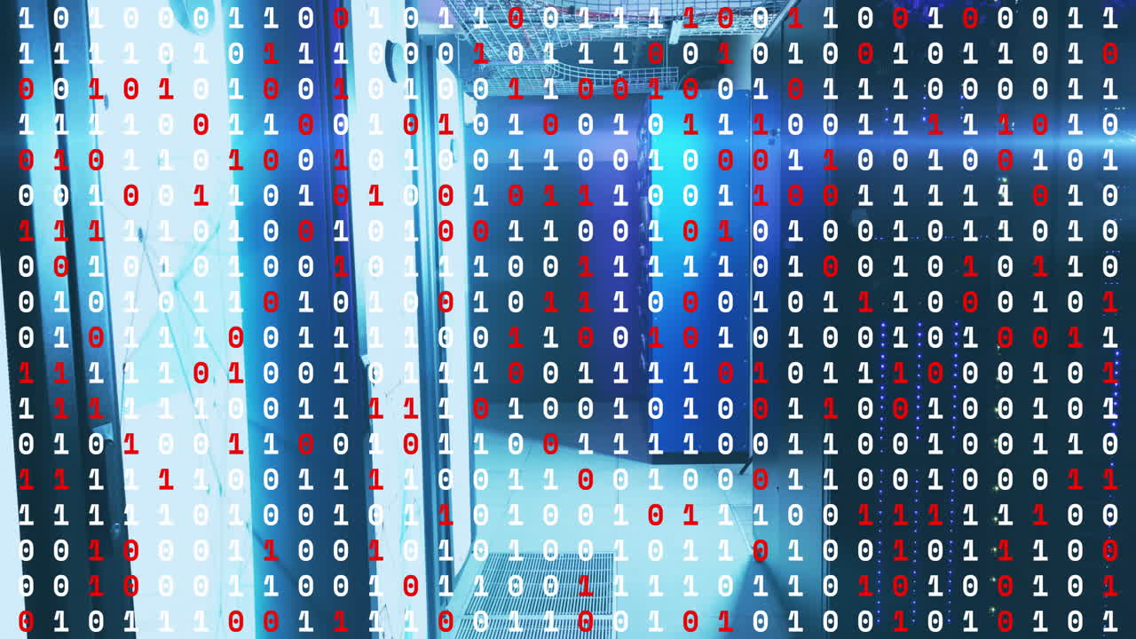 Binary code in red and white over animation of server room
