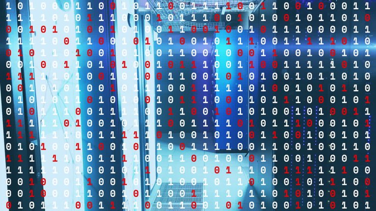 Binary code in red and white over animation of server room