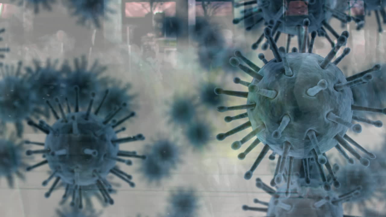 거리에서 는 사람들 위에 바이러스 세포의 애니메이션