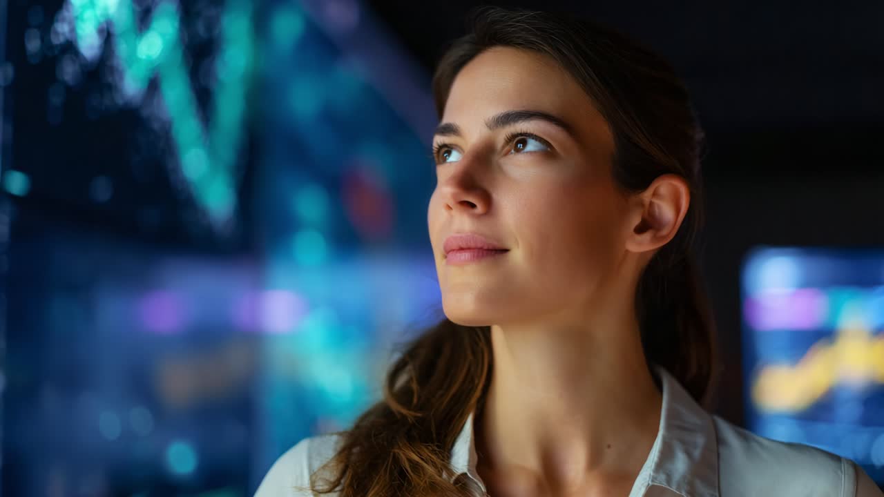 A thoughtful individual gazes upward, captivated by vibrant visualizations of data, charts, and metrics in a dimly lit modern environment, highlighting curiosity and analytical observation