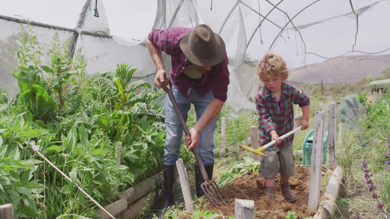 padre y hijo caucásicos felices haciendo jardinería en un invernadero