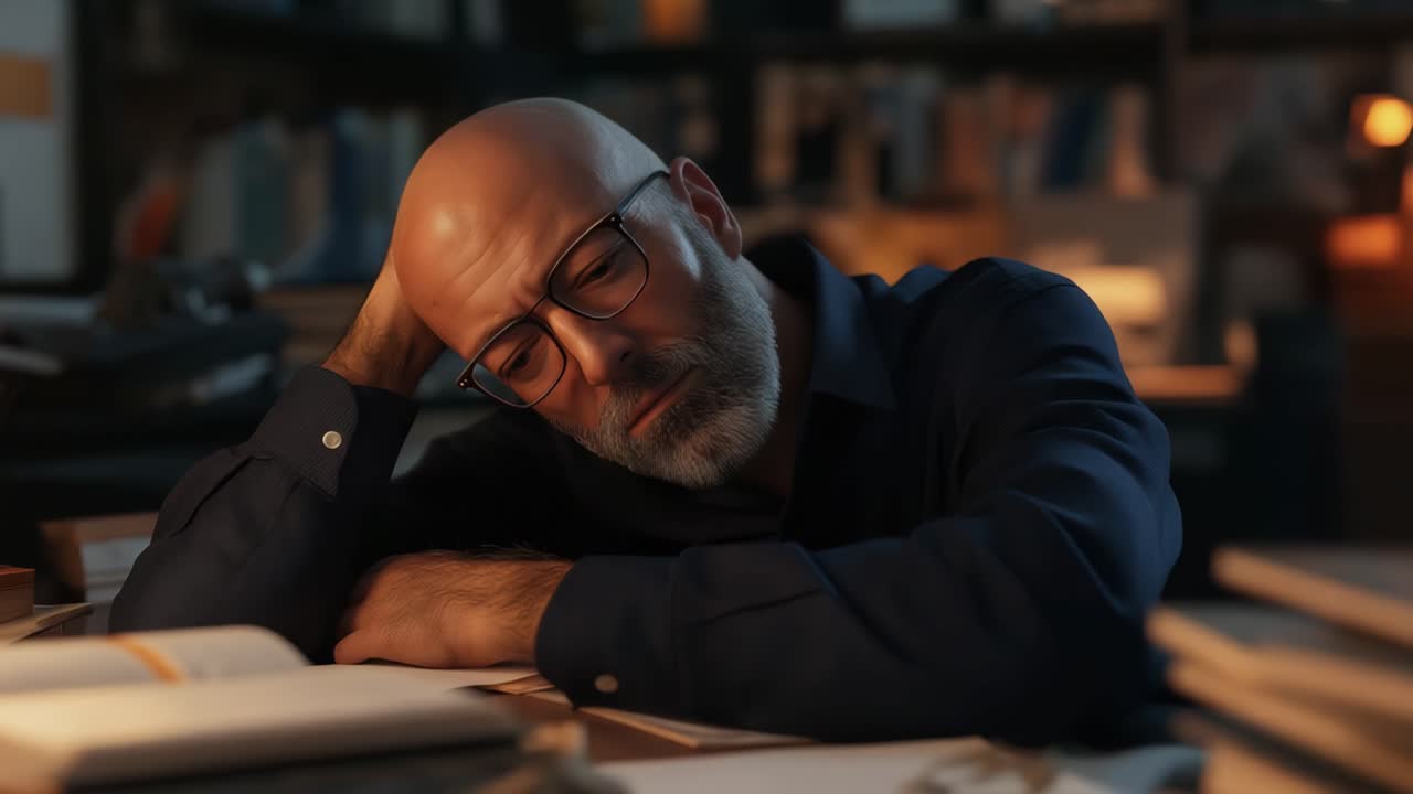 Tired Man Resting In Dimly Lit Library