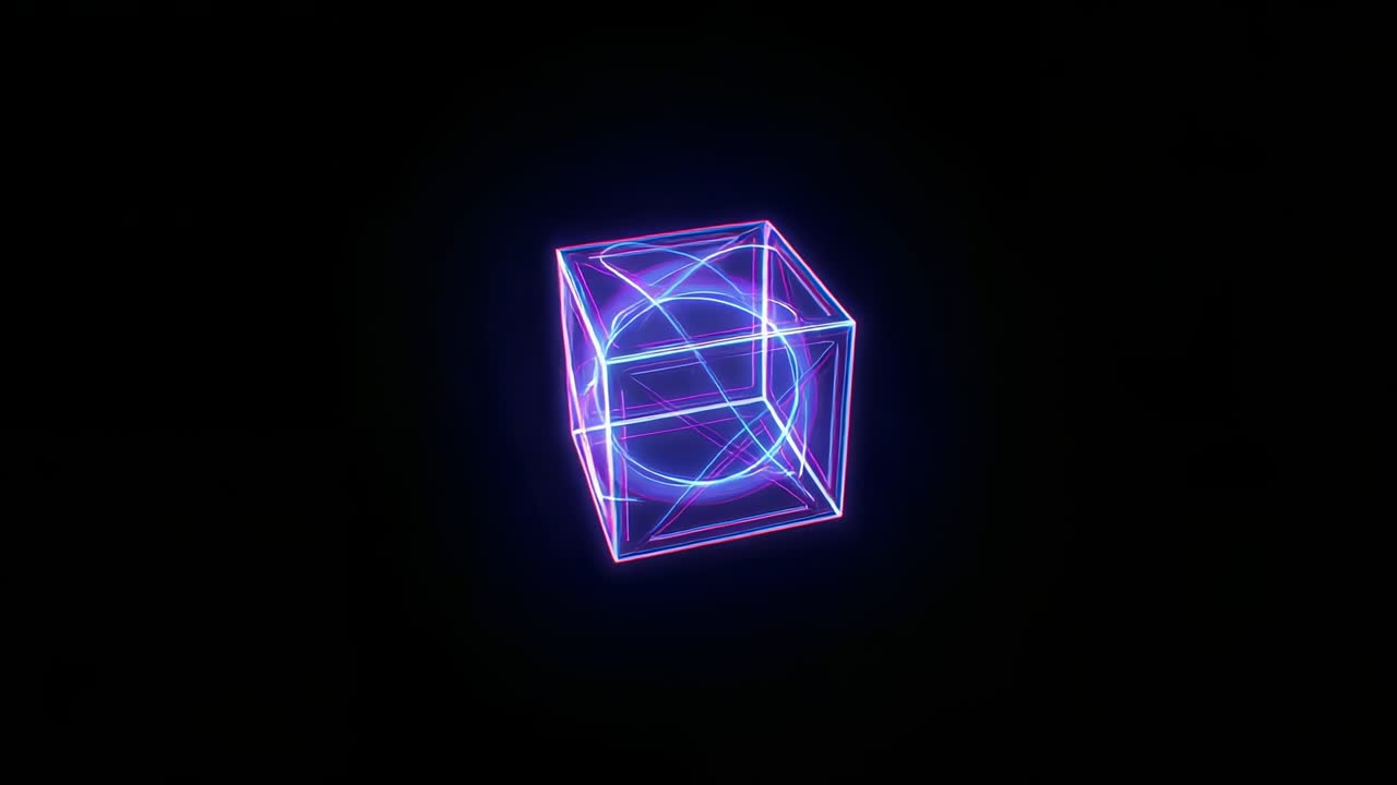Appearing neon wireframe cube with glowing sphere rotating in black void, revealing pulsing faces
