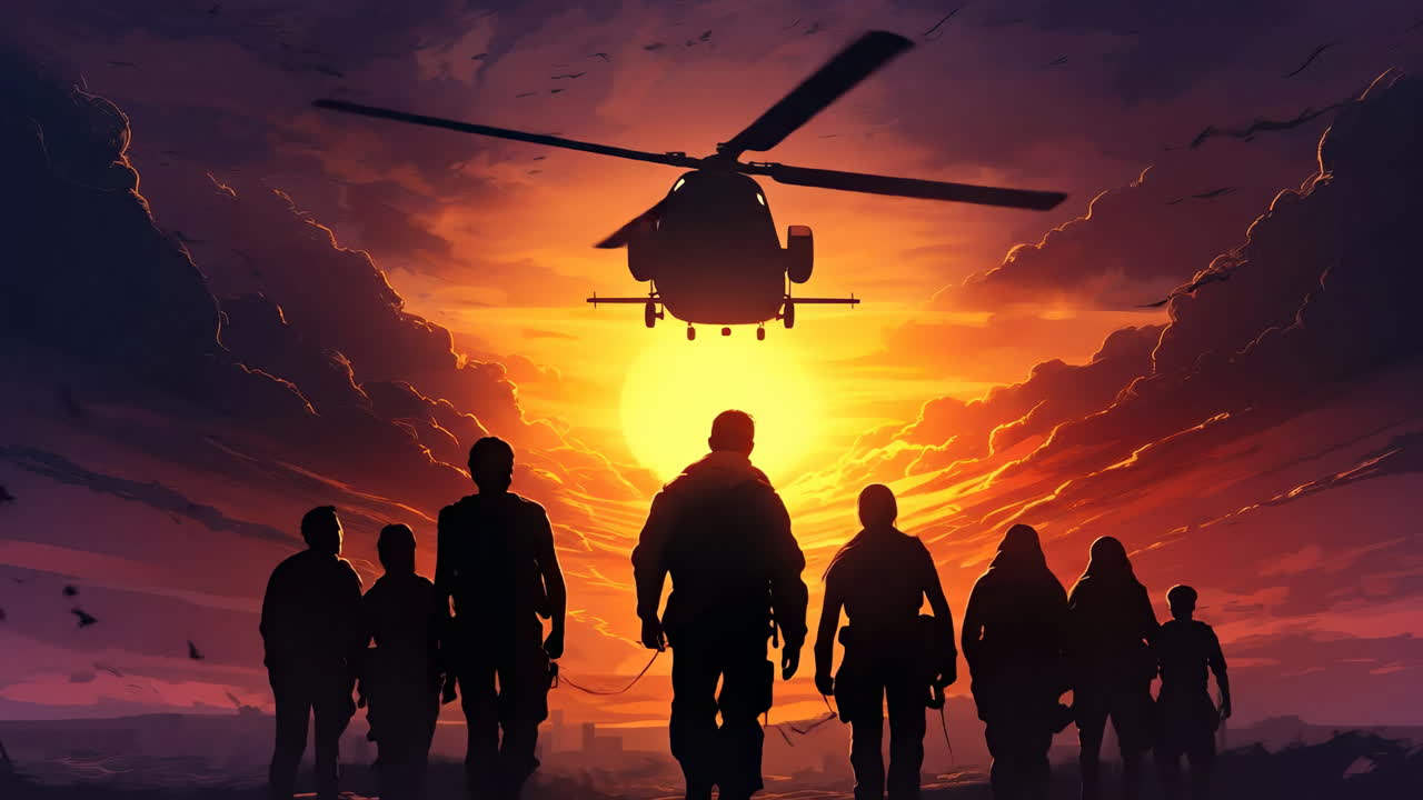 Soldiers march at sunset. Eight figures approach a bright sunset with a helicopter flying above them, creating a dramatic scene