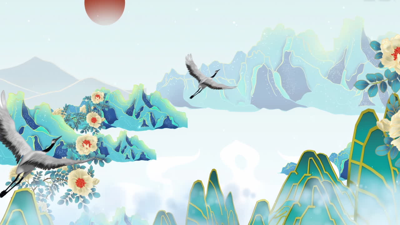 Daytime ancient traditional Chinese Japanese landscape ink Painting of beautiful calm trees, mountains, flowers, lake, water, birds, blue sky, boat, cherry blossoms season