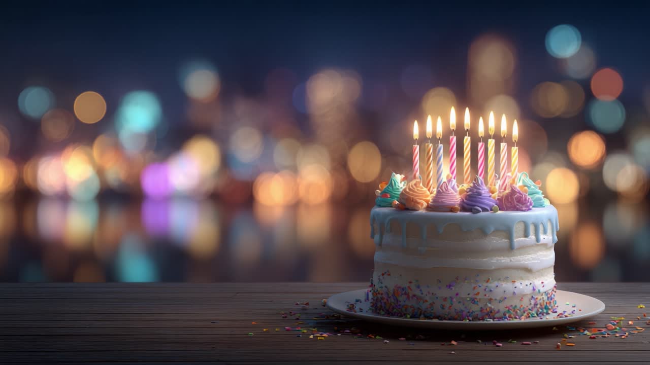 A Beautifully Decorated Birthday Cake with Colorful Frosting and Candles, Perfect for Celebrating Special Moments Against a Bokeh Background of City Lights