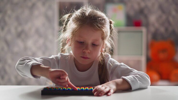 Little kid with blonde plaits touches abacus by finger