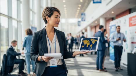 a professional woman holding a tablet with a world map at an event, engaging with attendees and demonstrating connectivity in a business environment