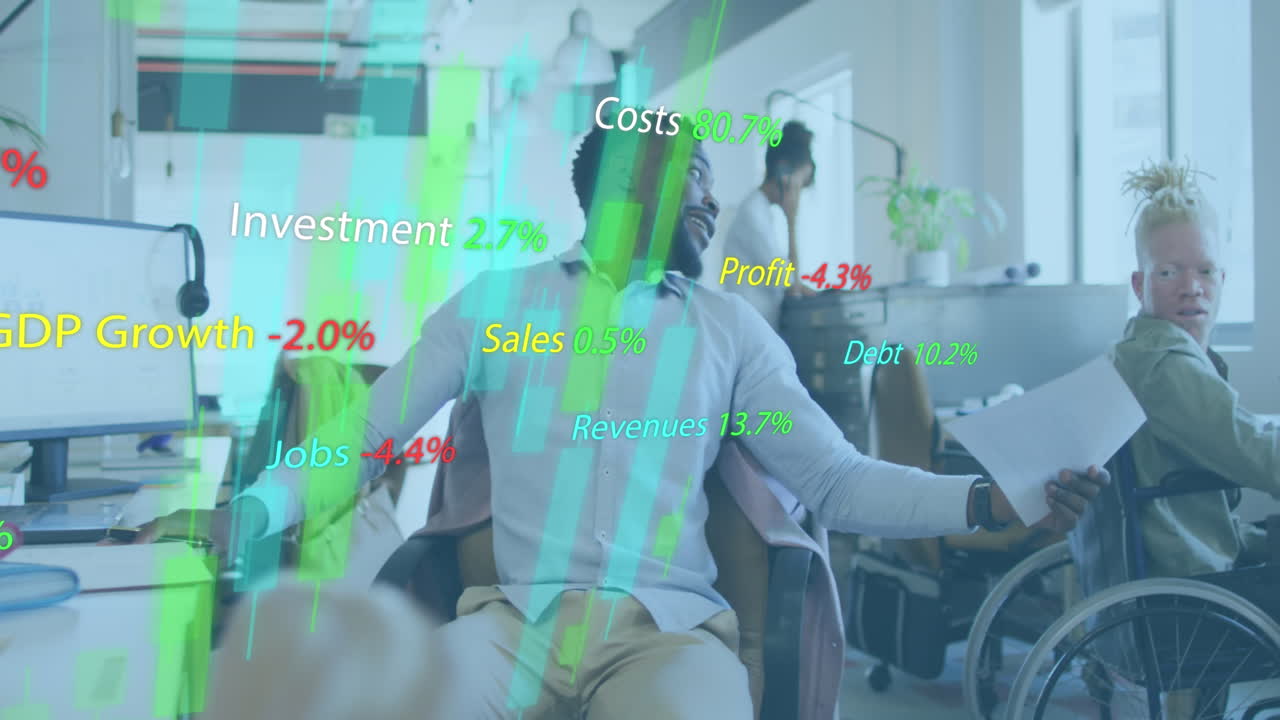 Animation of data processing over disabled and diverse business people in office