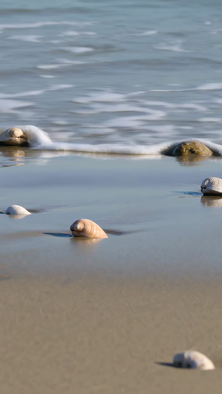 Gentle Ocean Waves Washing Over Seashells on a Sandy Beach