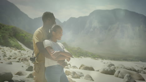 animation of happy african american couple embracing at beach over landscape