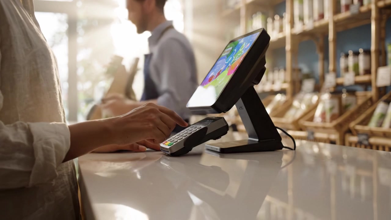 Un cliente effettua un pagamento fluido con un dispositivo mobile presso un moderno sistema di punto vendita, mostrando tecnologia efficiente in un ambiente di vendita al dettaglio.