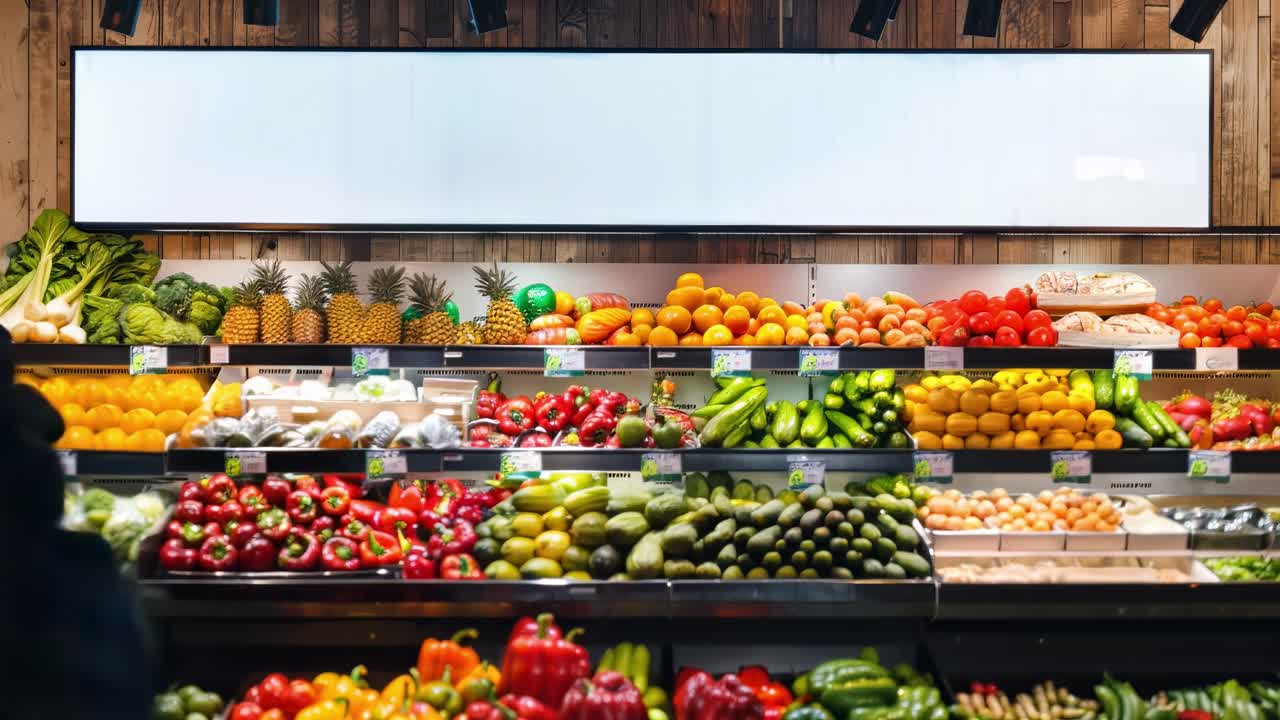 A dynamic video shot from eye-level captures blurred shoppers passing vibrant fruits