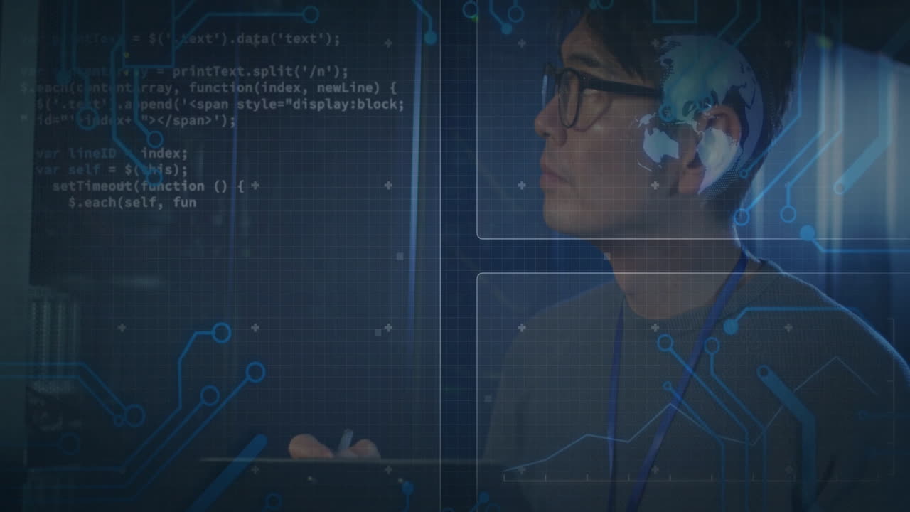 Using tablet with digital circuit animation, man representing technology integration
