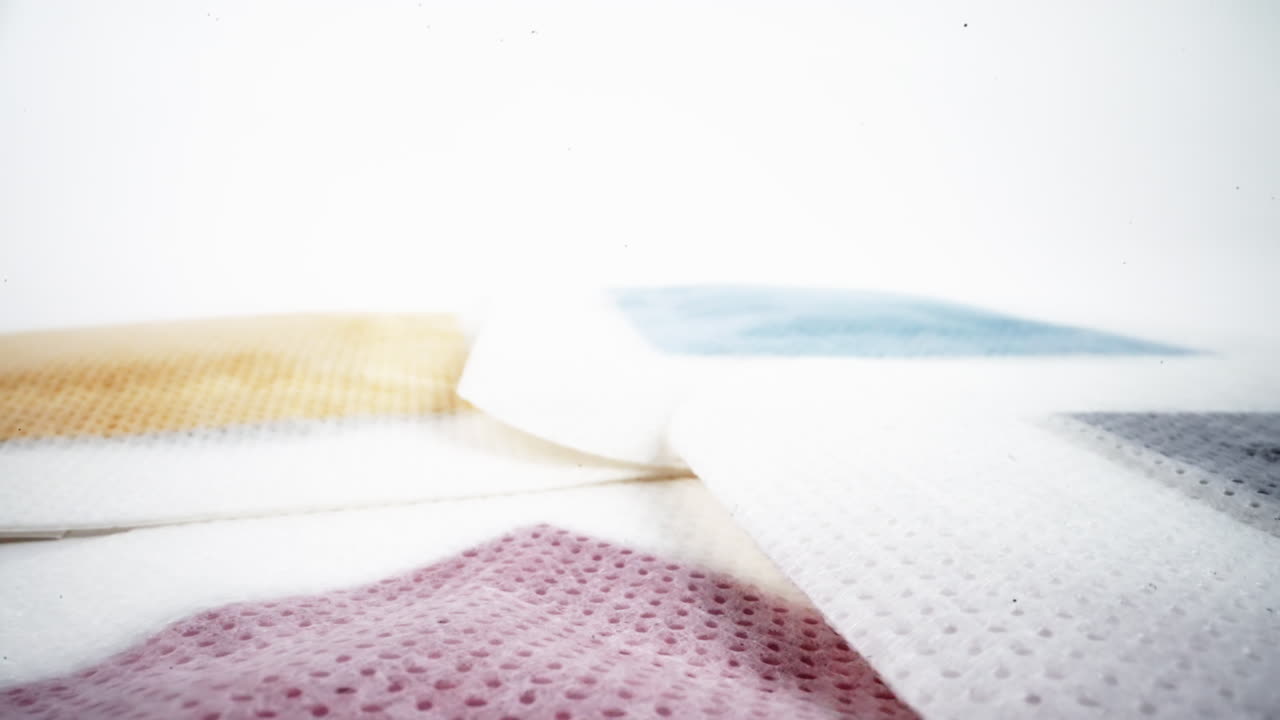 다양한 색의 스폰지와 색 공간을 가진 청소 패드