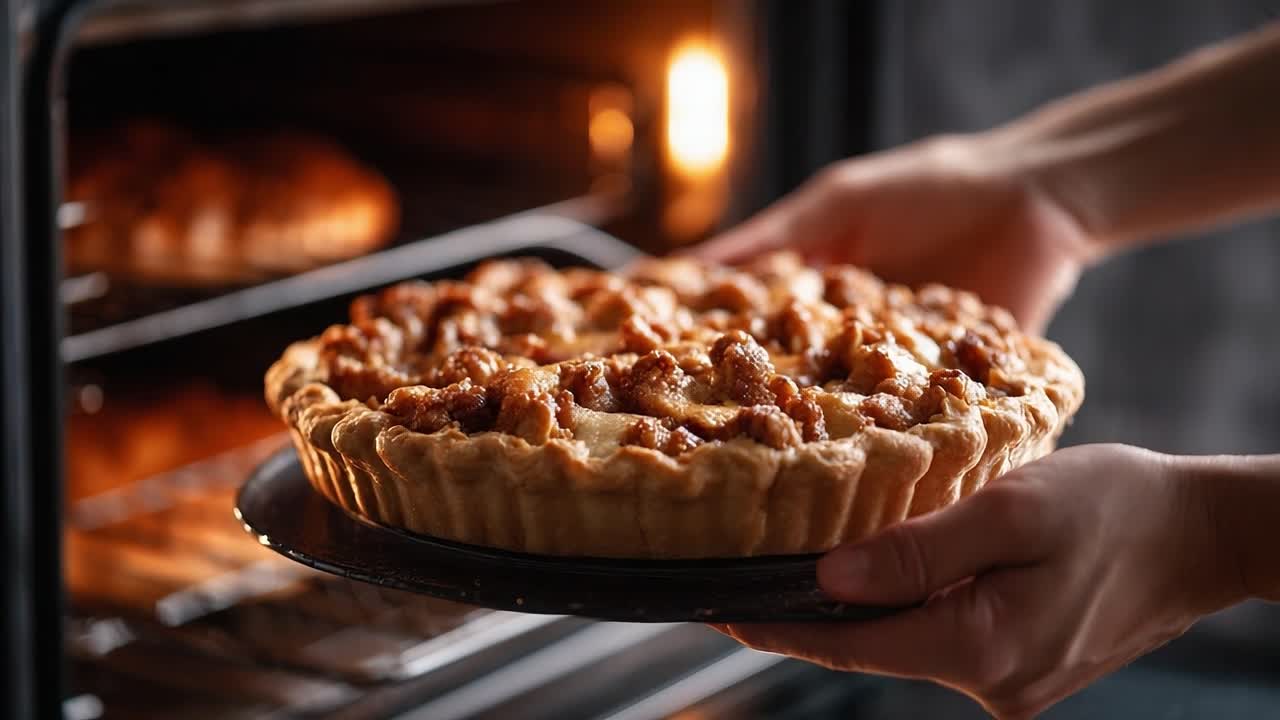 A Delicious Homemade Pie Being Carefully Removed from the Oven, with Golden Brown Crust and Crumbly Topping Showcasing the Art of Baking