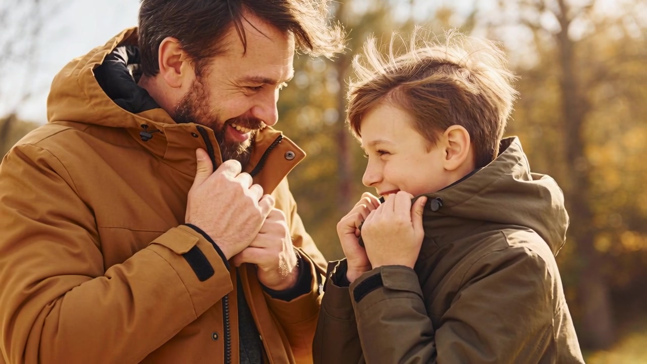 Padre che si protende, con il figlio che imita il suo cappotto color cammello, tirando il colletto della giacca color oliva, creando un legame in un parco autunnale.
