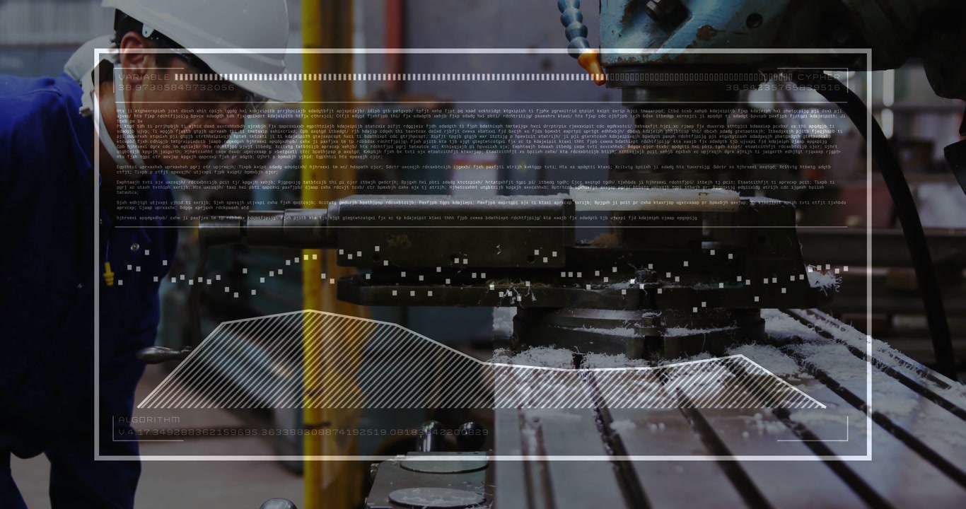 Factory operator turning wheel and engaging mill, overlay mapping data onto table for monitoring