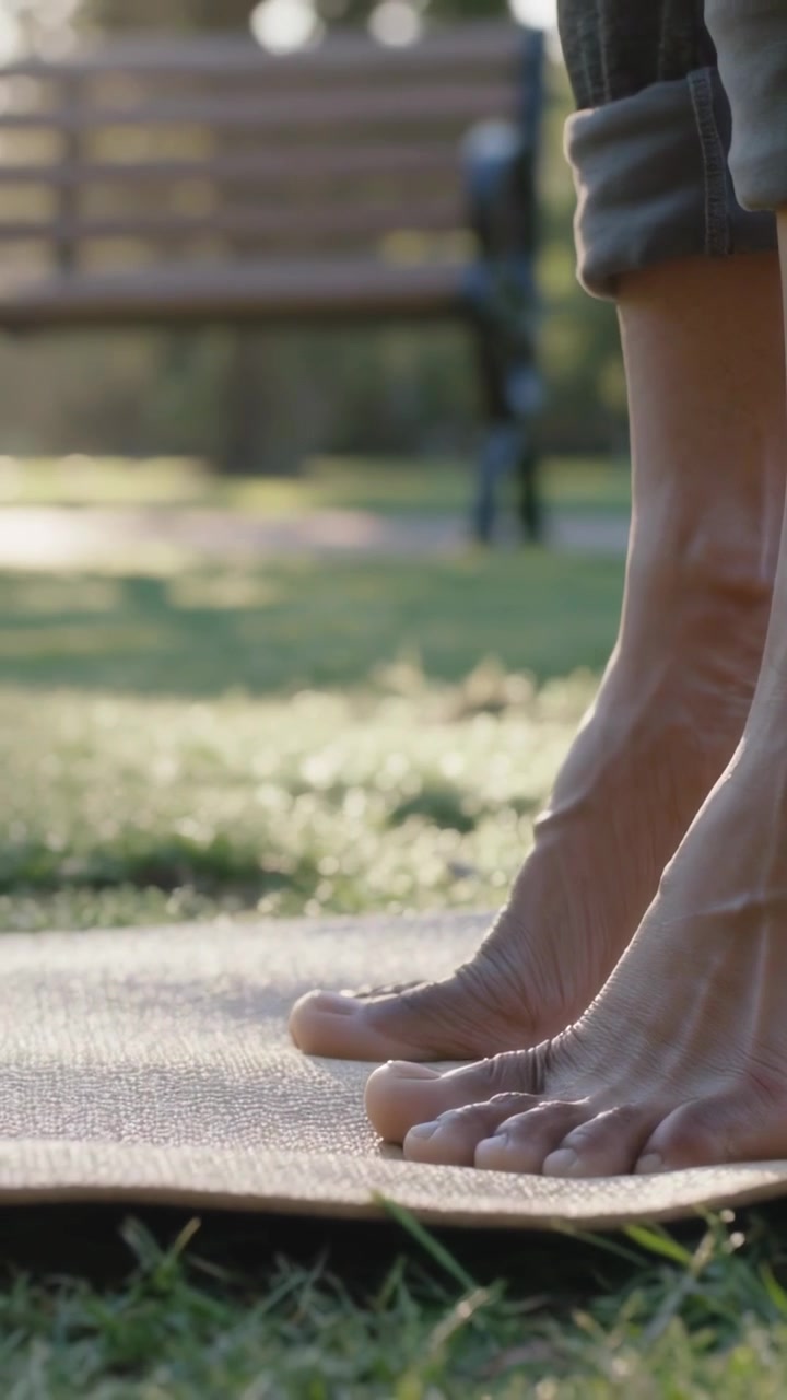 Vertical video: Placing bare feet in rolled-up pants on mat, lifting heels, warming calves in park