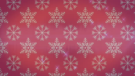 animation of snowflakes in seamless pattern and shining stars against red background with copy space