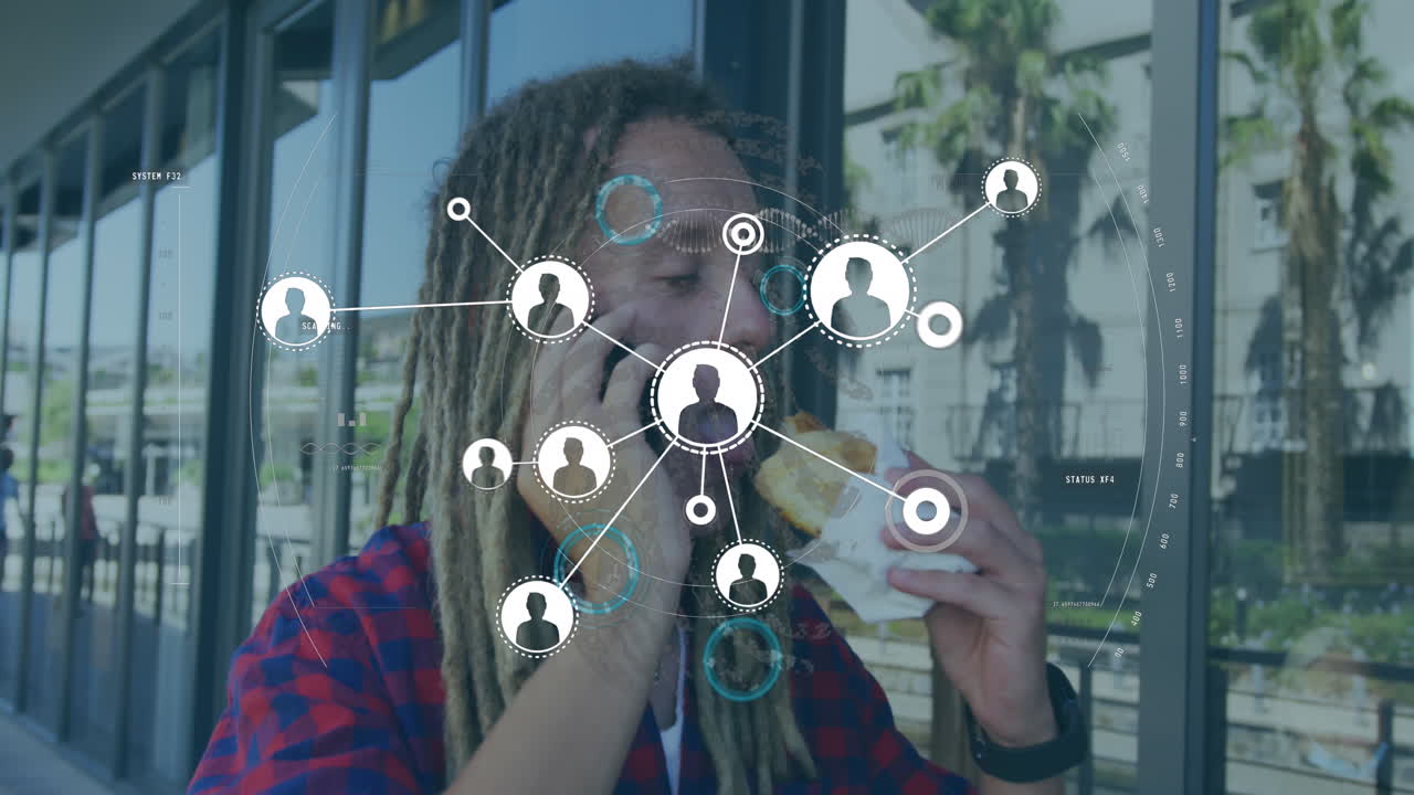 animación de la red de conexiones con iconos sobre el hombre usando un teléfono inteligente